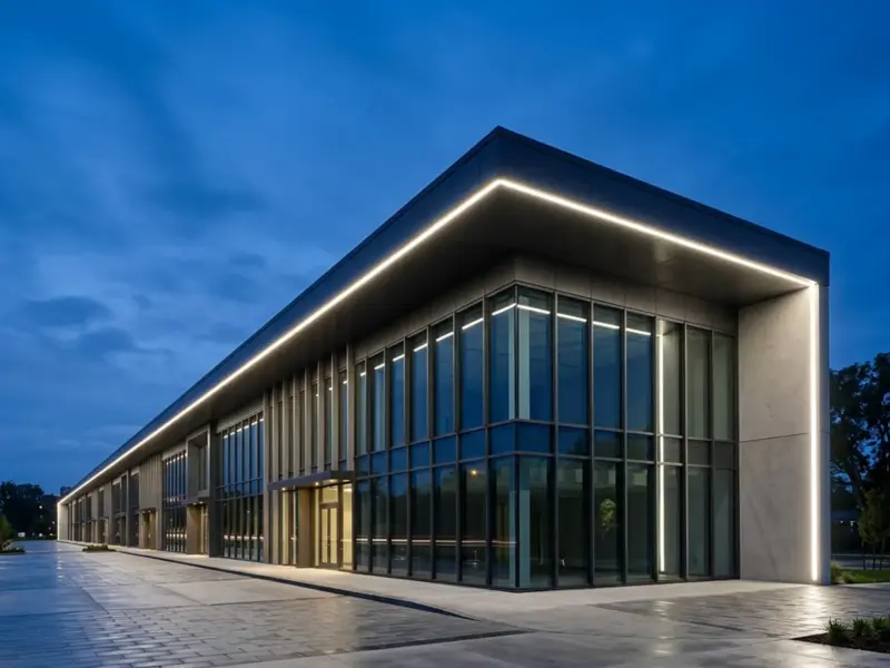 Commercial building at dusk outlined by one even 120V LED strip roofline