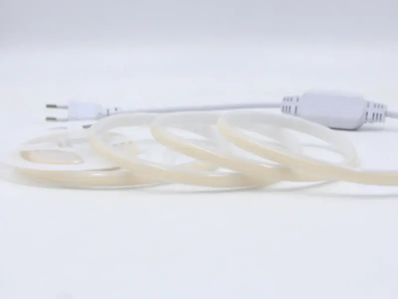 Close-up of unlit 120V COB LED strip with its continuous phosphor surface