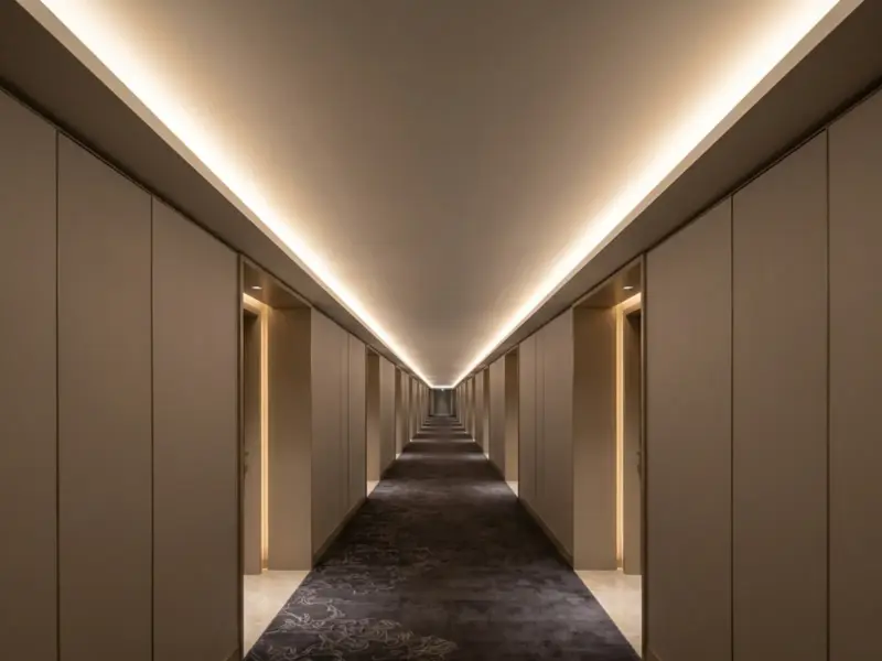 Long hotel corridor cove lit end to end by a single 120V LED strip run