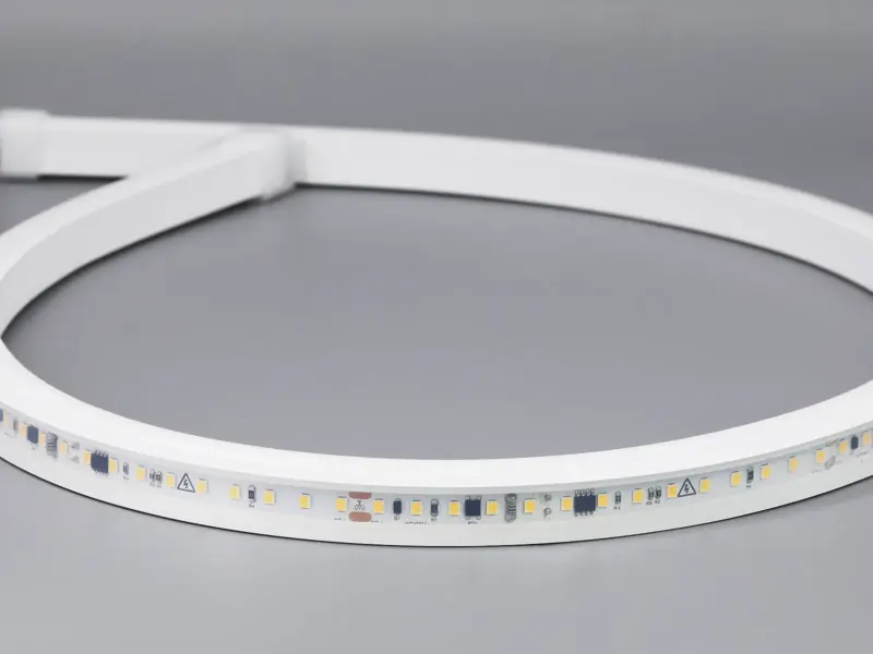 Flicker-free 230V LED strip coil with a smooth white silicone jacket