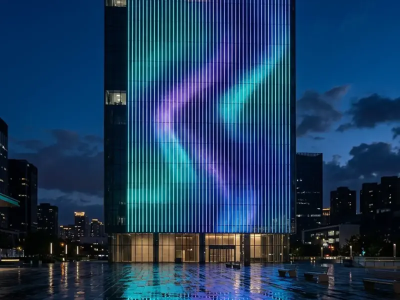 High-rise facade video-mapped by addressable LED strips in aurora colors