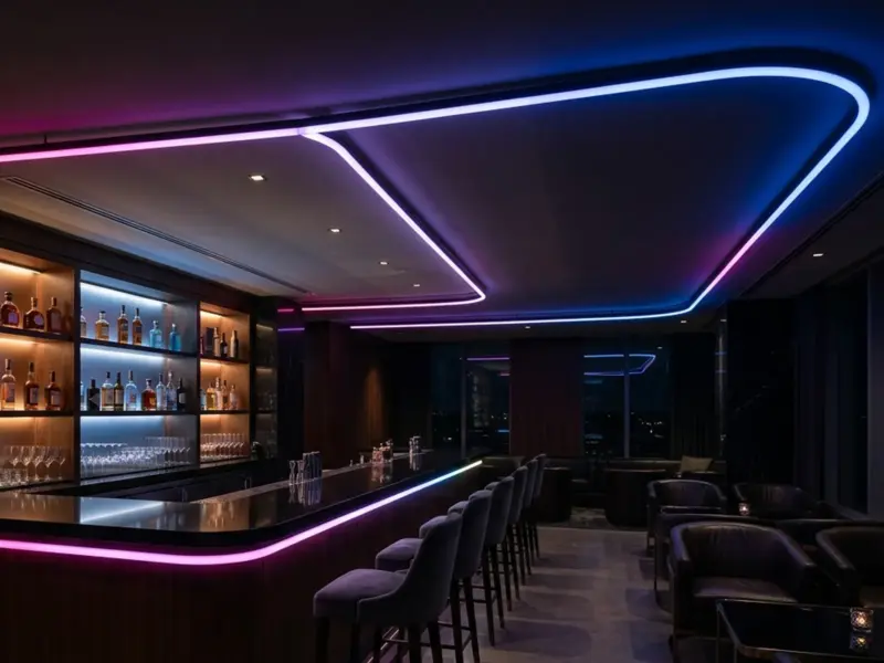 Lounge ceiling traced by addressable strip lines in magenta and blue