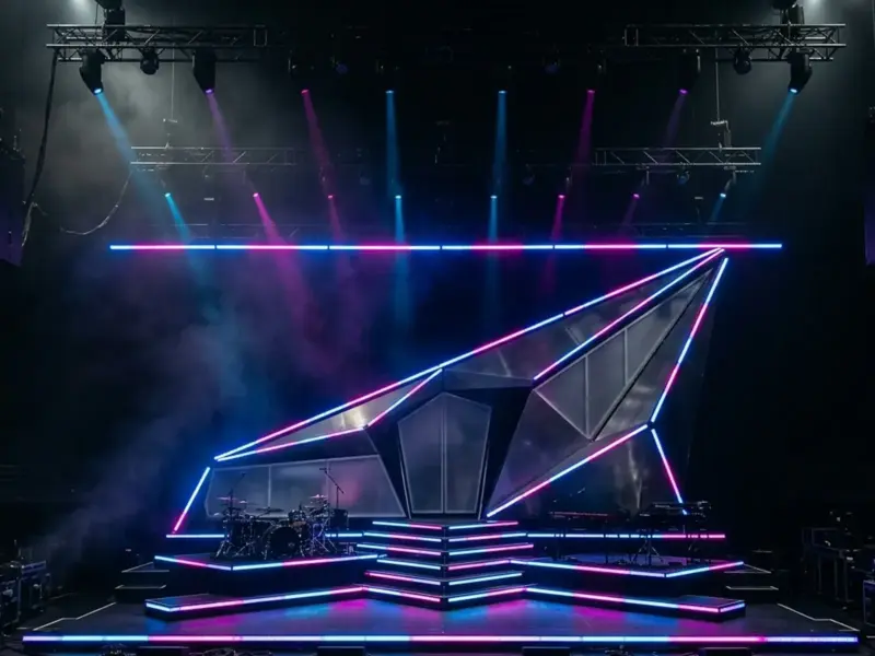 Stage set outlined by addressable strips with beams in pink and blue