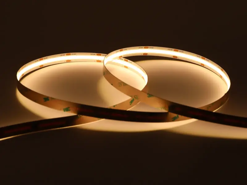 48V COB LED strip lit in a long coil for extended single-feed runs