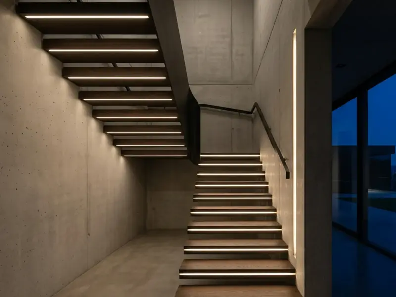 Modern staircase with COB LED strip lighting each stair nosing as one clean line