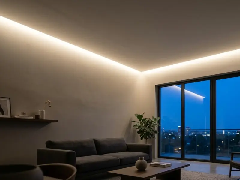 Ceiling cove washed by one continuous line of warm COB LED strip light