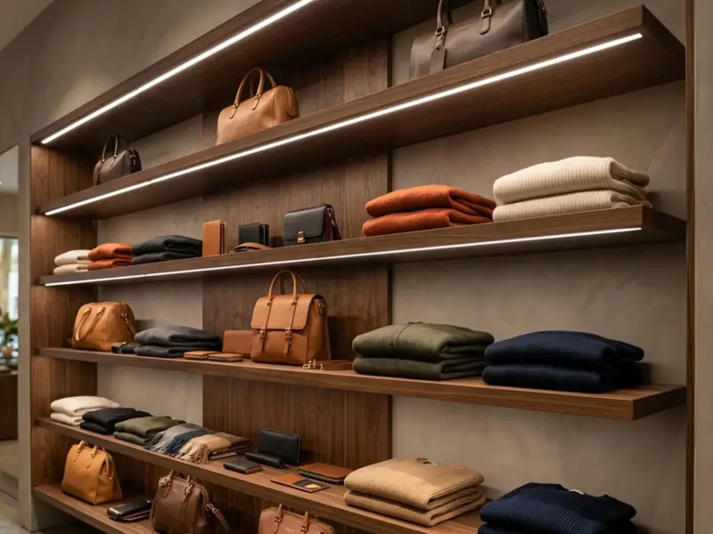 Boutique display shelves edge-lit by COB LED strip for even merchandise lighting