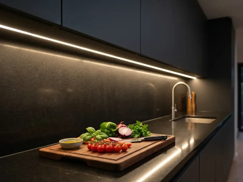 COB LED strip under kitchen cabinets casting continuous shadow-free task light on the counter