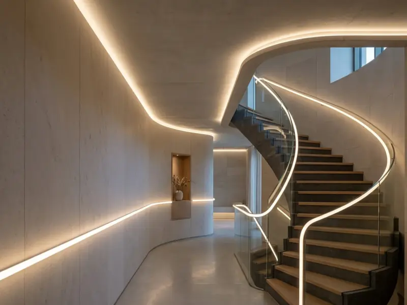 Spa corridor and curved stair traced by one soft solid neon flex line