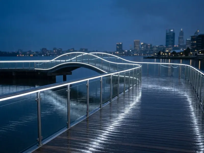 Rainy waterfront boardwalk railing lit by even IP67 LED neon flex lines