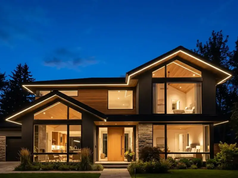Modern house at dusk with warm LED strip outlining the roof soffit