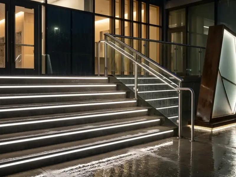 Rainy commercial entrance steps each lit by a recessed waterproof LED strip line