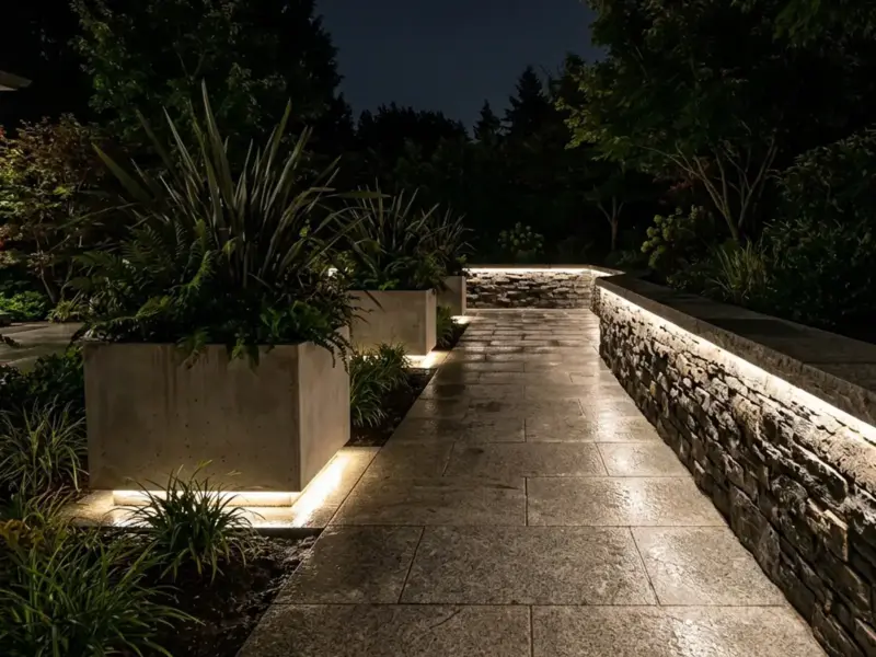 Garden retaining wall and planters lit at night by concealed waterproof LED strip