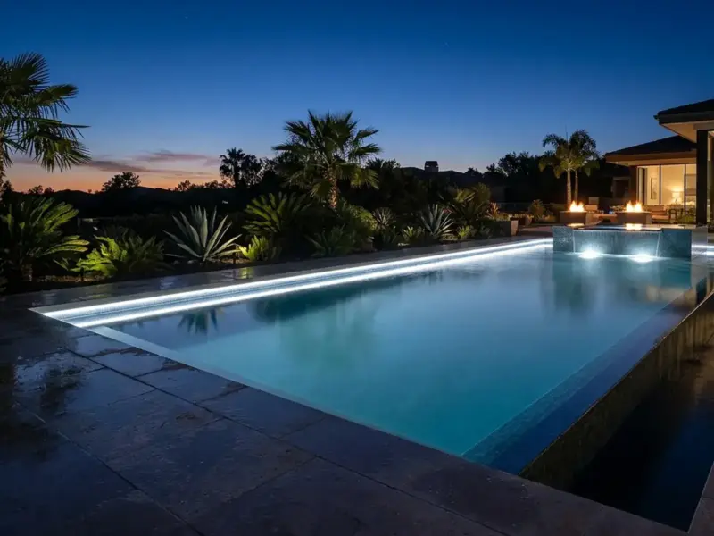 Backyard pool at night edged by one continuous line of waterproof LED strip