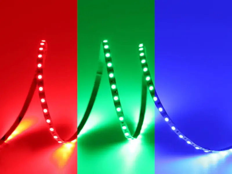 RGB 5050 LED strip shown side by side in red green and blue