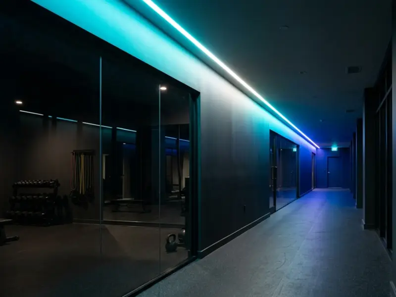 Fitness studio corridor traced by a cyan to blue RGB LED strip line