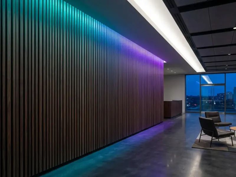 Slat wood feature wall washed in teal to violet RGB LED strip light