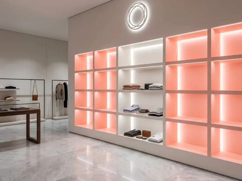Boutique niches backlit in pastel coral and clean white by RGBW LED strip