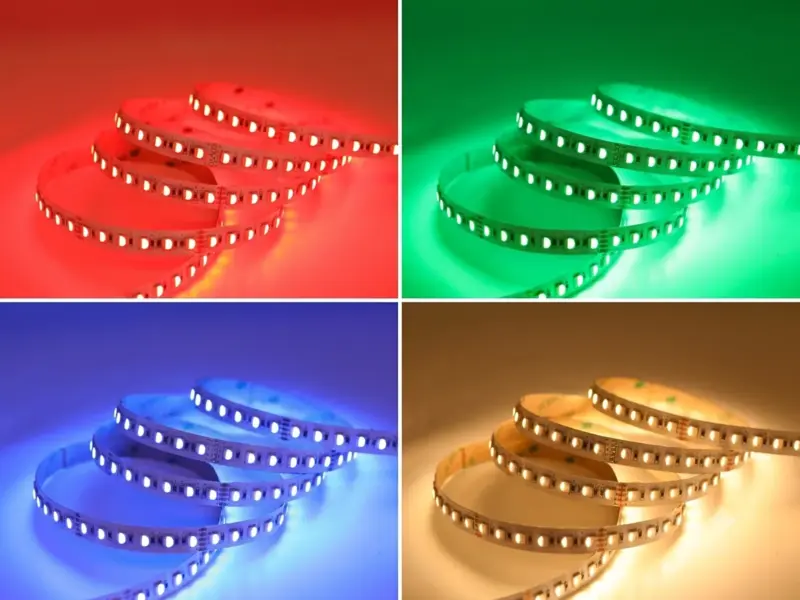 RGBW LED strip in four panels lit red green blue and warm white