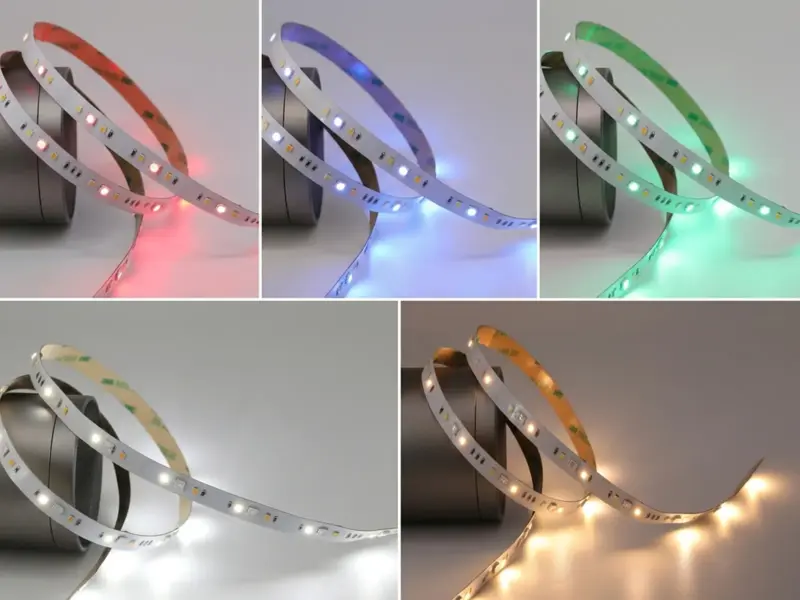 5-in-1 RGB plus CCT LED strip shown lit in five different colors