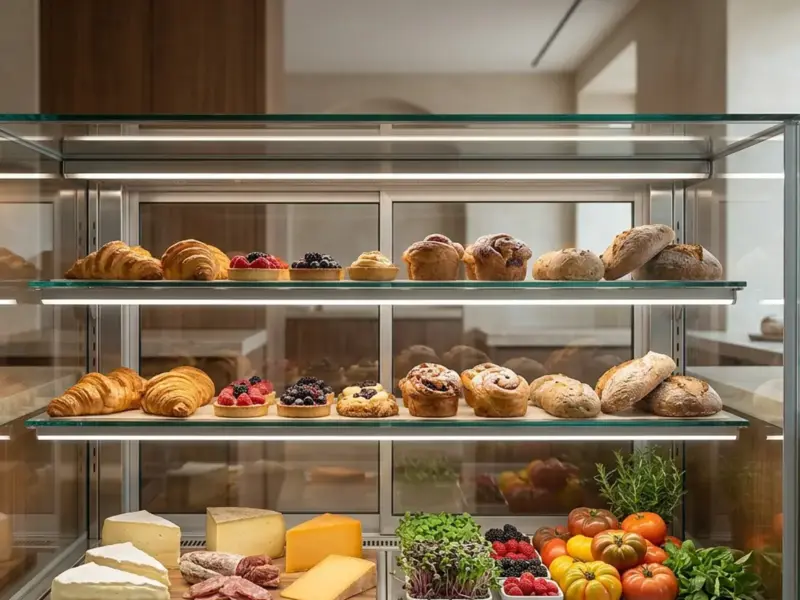 Bakery display case shelves lit by SMD LED strip keeping food colors true