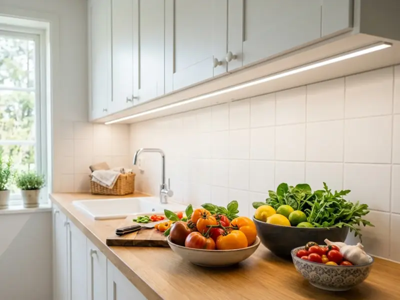 SMD LED strip under white kitchen cabinets casting even shadow-free task light
