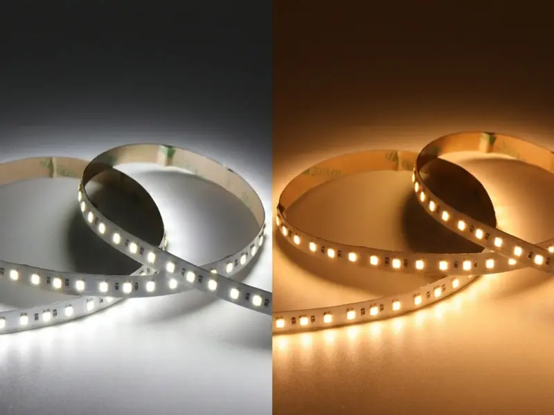 CCT SMD LED strip shown lit in cool white and warm white halves