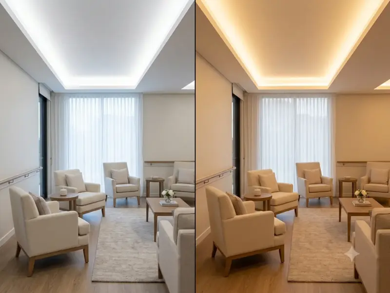 Senior living lounge shown in cool clarity and warm evening tunable white