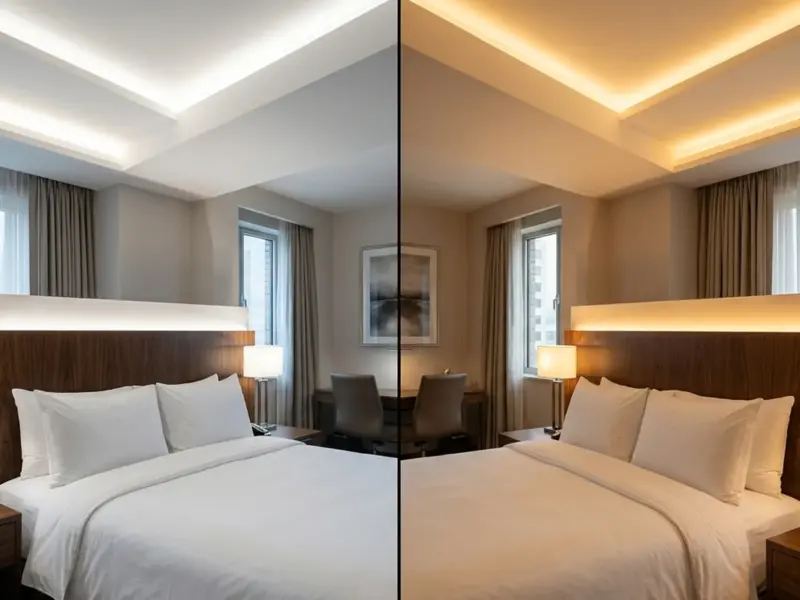 Hotel guestroom split between crisp task white and warm relaxation lighting