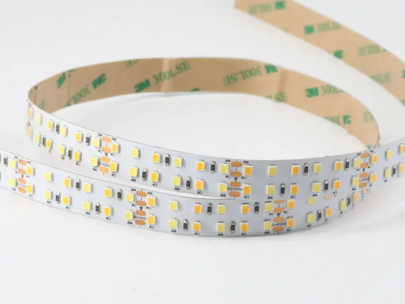 Macro of unlit tunable white LED strip with 3M adhesive backing visible