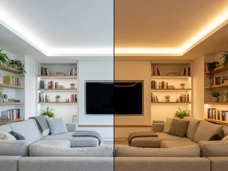 Living room cove tuned from bright daytime white to cozy warm evening