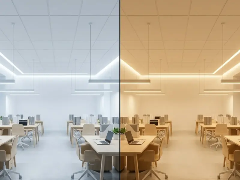 Split view of one office cove lit cool daylight and warm white