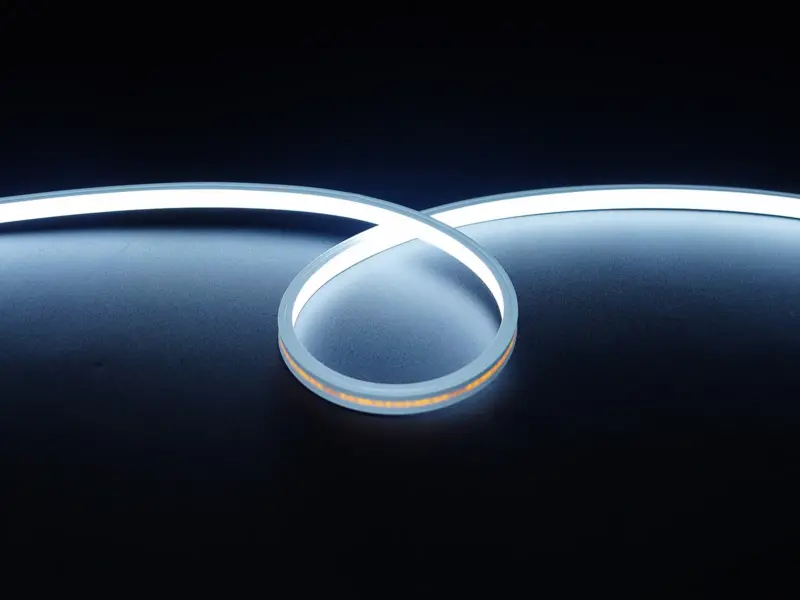 CSP neon flex strip lit in cool white, curved into a loop on a dark surface with the silicone jacket profile visible
