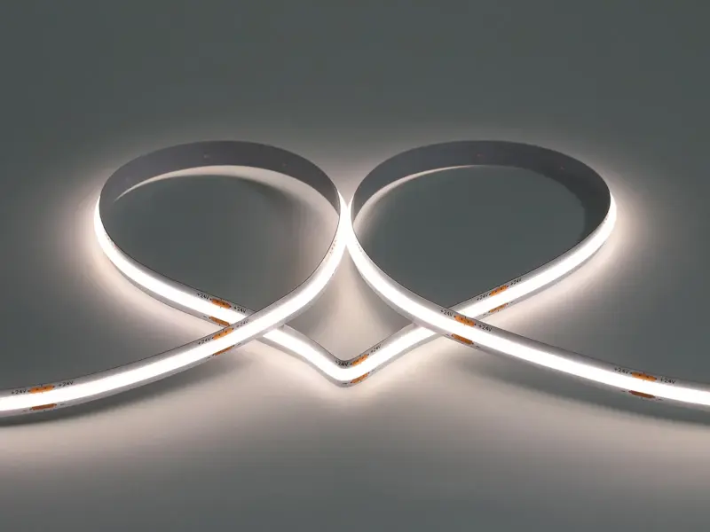 480 LED/m CSP strip lit in neutral white, coiled into two loops showing the continuous even light line