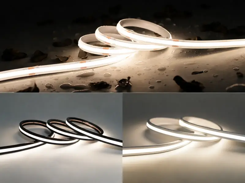 Silicone-sealed CSP strip: wet surface with debris on top, black-jacket and white-jacket IP68 versions below