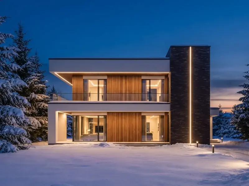 Modern two-story house at dusk in deep snow, a vertical line of light up the brick column and warm bands under the balcony