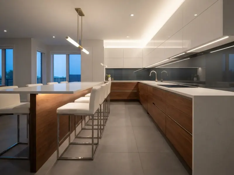 Modern kitchen island and gloss upper cabinets lit by warm strip light concealed under the counters and cabinets