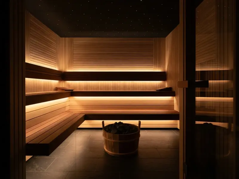 Nordic dry sauna clad in pale aspen slats, with continuous warm strip light concealed beneath the L-shaped benches