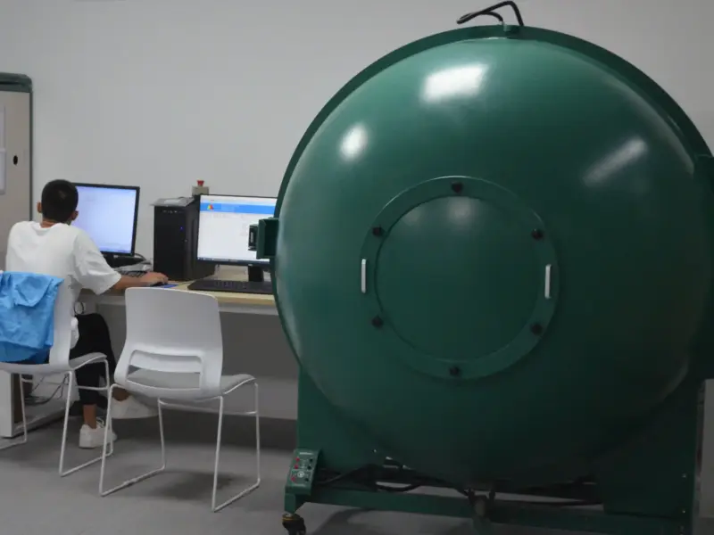 Integrating sphere and photometric measurement rack in an LED testing lab, technician at the analysis workstation