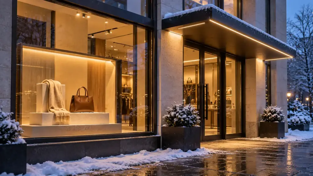 Retail display case lit by COB strip and a snowy entry canopy lit by CSP strip