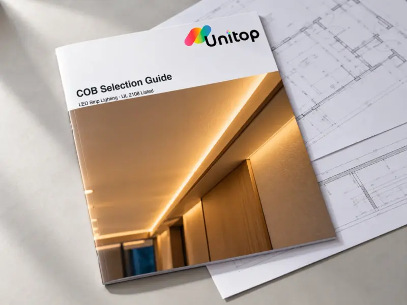 Unitop COB Selection Guide brochure with a continuous COB LED cove lighting cover photo, lying on architectural drawings
