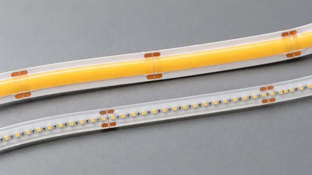 Two unlit LED strips side by side, COB continuous phosphor band and CSP separate emitters