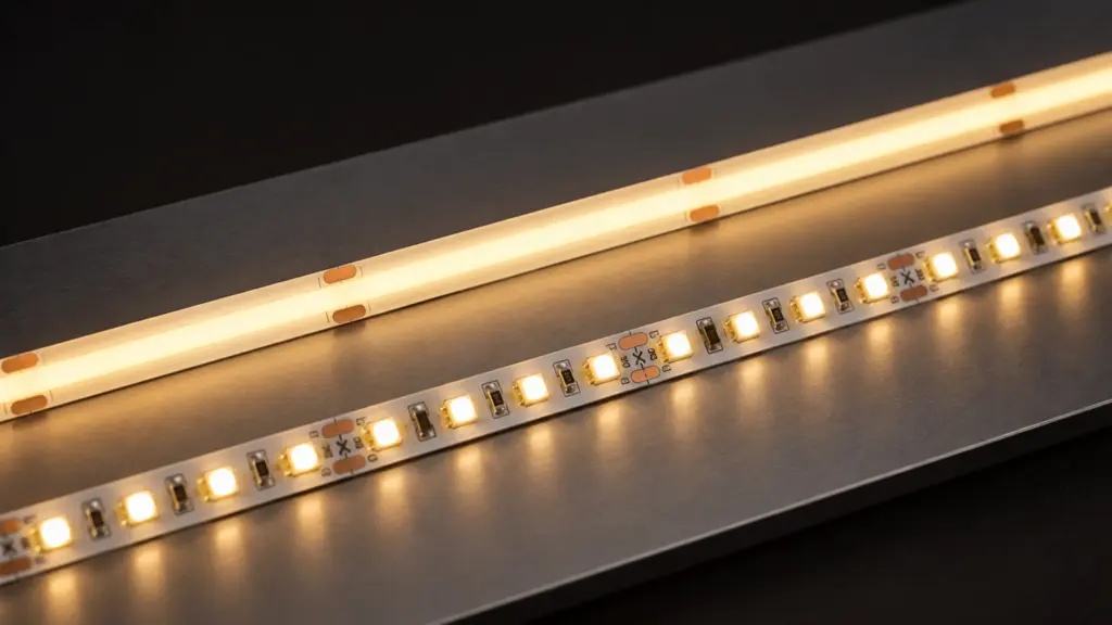 COB LED strip continuous line next to SMD LED strip visible dots