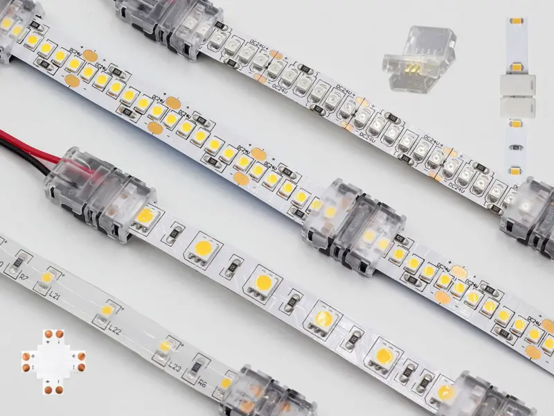 Solderless LED strip connectors on 8, 10 and 12 mm strips: wire-to-strip, strip-to-strip, corner and cross fittings