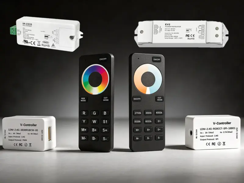 DALI dimmer, PWM power repeater, two 2.4G RF remotes for RGB and tunable white, and two receiver controllers with PWM and SPI outputs