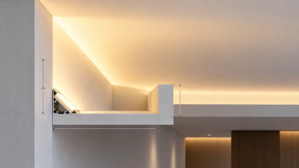Cross-section of ceiling cove with LED strip in 45 degree corner channel