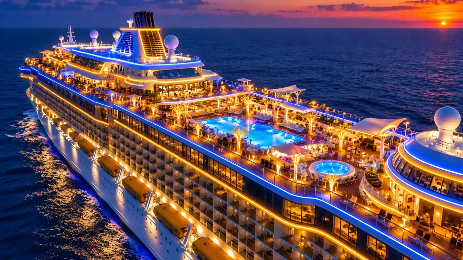 Cruise ship at dusk seen from above, blue and yellow LED neon flex tracing the deck edges and superstructure contours