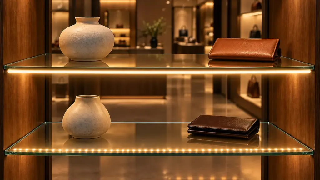 Glass display shelf reflecting a continuous COB line beside a row of CSP emitter points