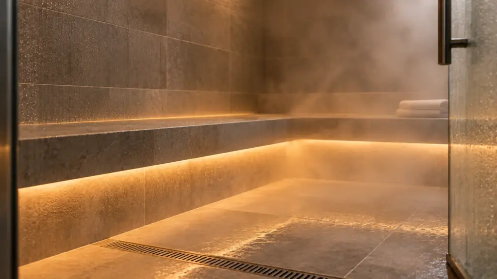 Steam room bench lit by sealed CSP LED strip glowing warm through light vapor