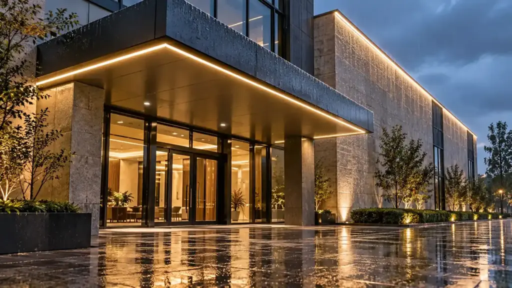 Covered building entrance canopy beside an exposed wet facade with LED strip